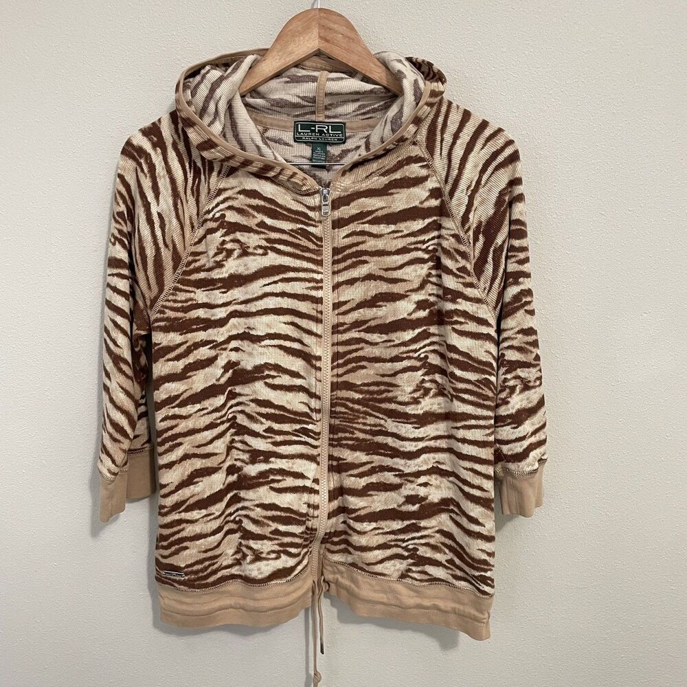 L-RL Lauren Active Ralph Lauren Animal Print Full Zip Jacket Sweater Womens XL